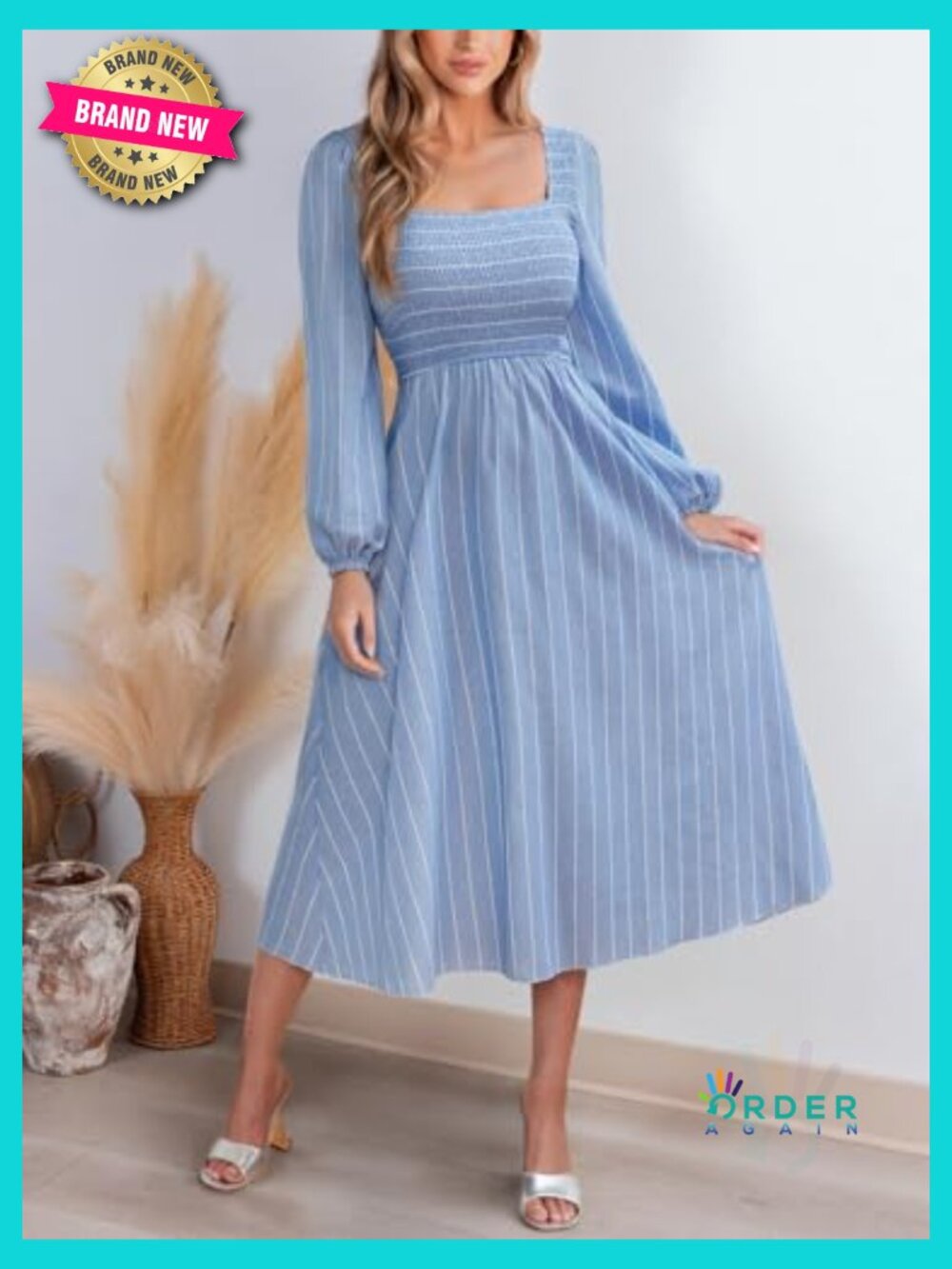Long Sleeve Square Neck Striped Smocked Midi Dress Flowy A Line Ruffled Fall - Picture 5 of 5